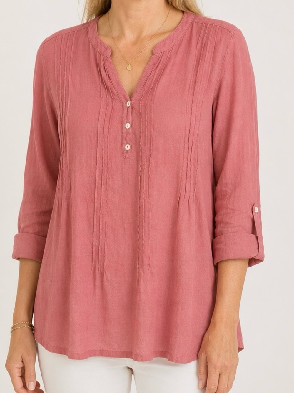 100% Linen Cynthia Rowley Tunic Blouse Pleated Pink Lightweight Summer Office L
